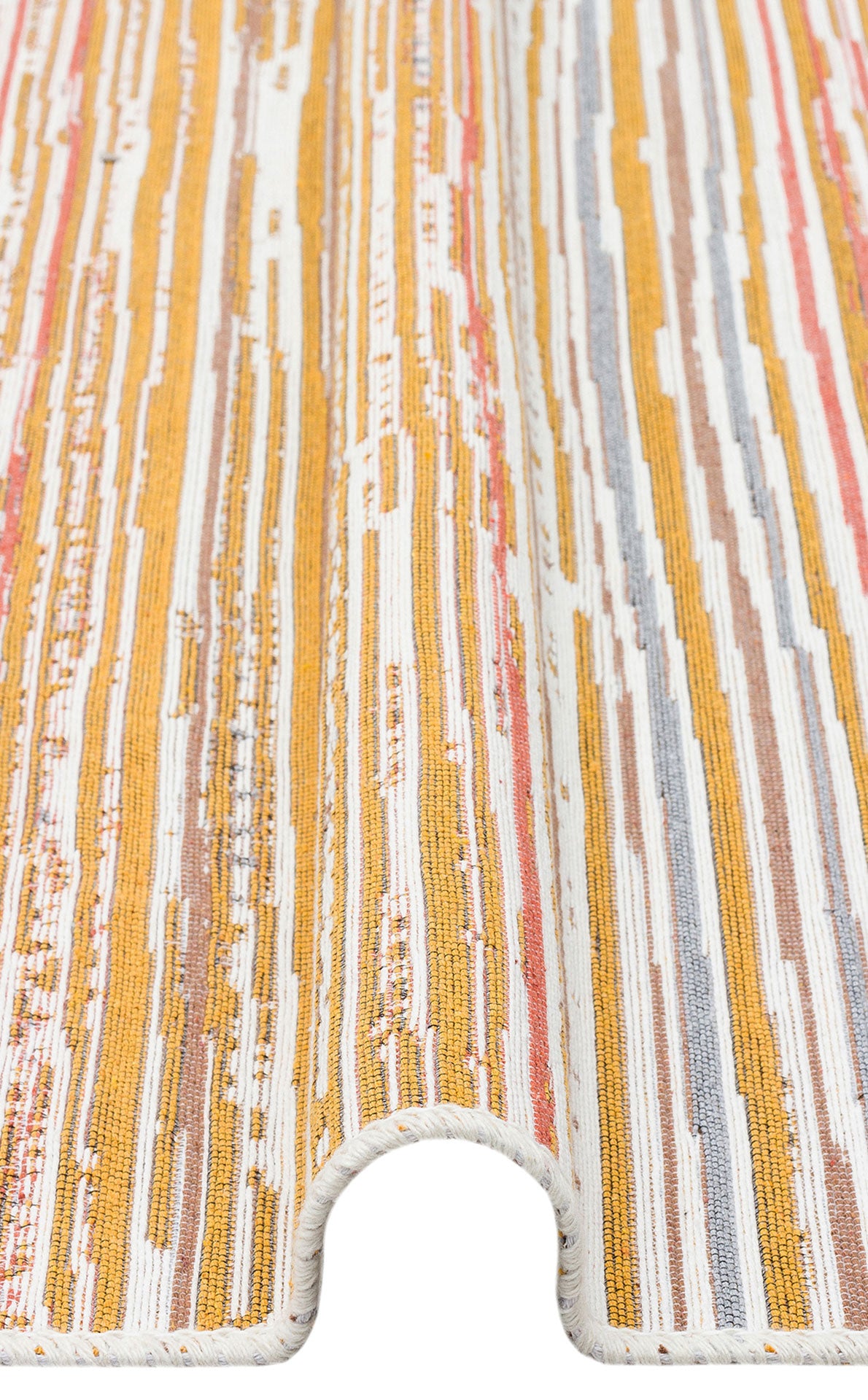 A close-up of the Mosaic Fade - Washable Double-Sided Kilims - AR35 rug, featuring vertical stripes in yellow, orange, white, and gray with a wave-like fold in the center.