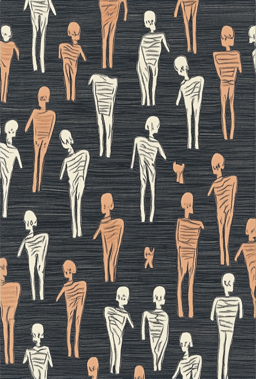 Load image 1 in gallery view. The Mummy March - Washable Rug - HLW004 features abstract skeletal figures in orange and white on a dark background, arranged in rows for a modern look—ideal as a stylish, flat weave rug.