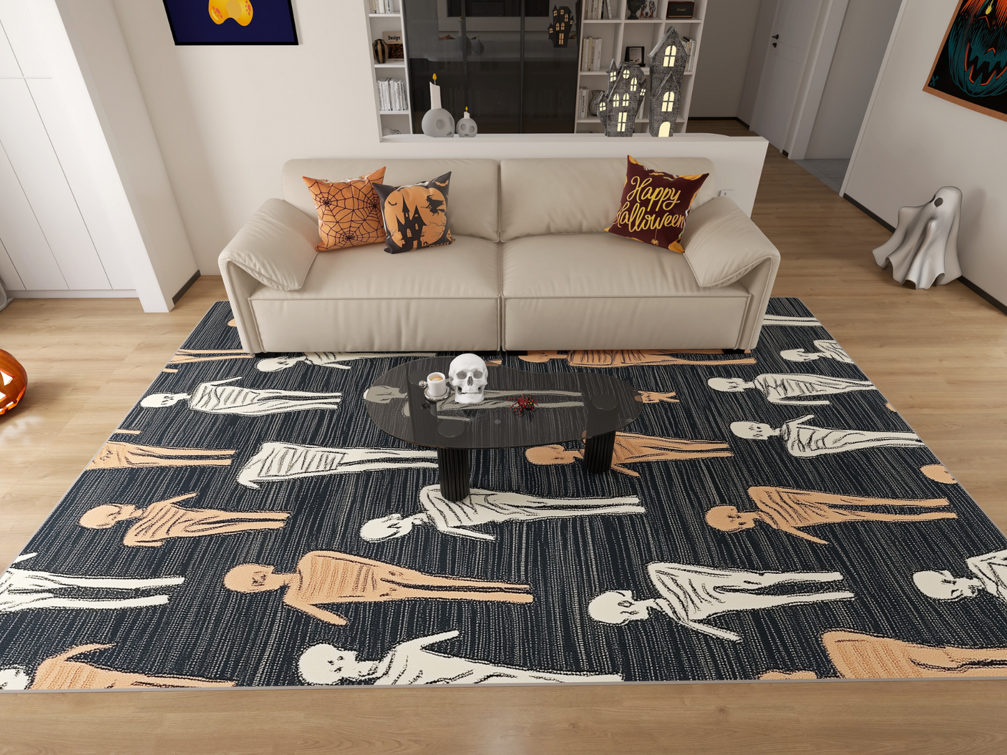 A living room decorated for Halloween features themed pillows, a ghost decoration, and the Mummy March - Washable Rug - HLW004. A coffee table displays a skull and small Halloween items, creating a festive and cozy atmosphere.