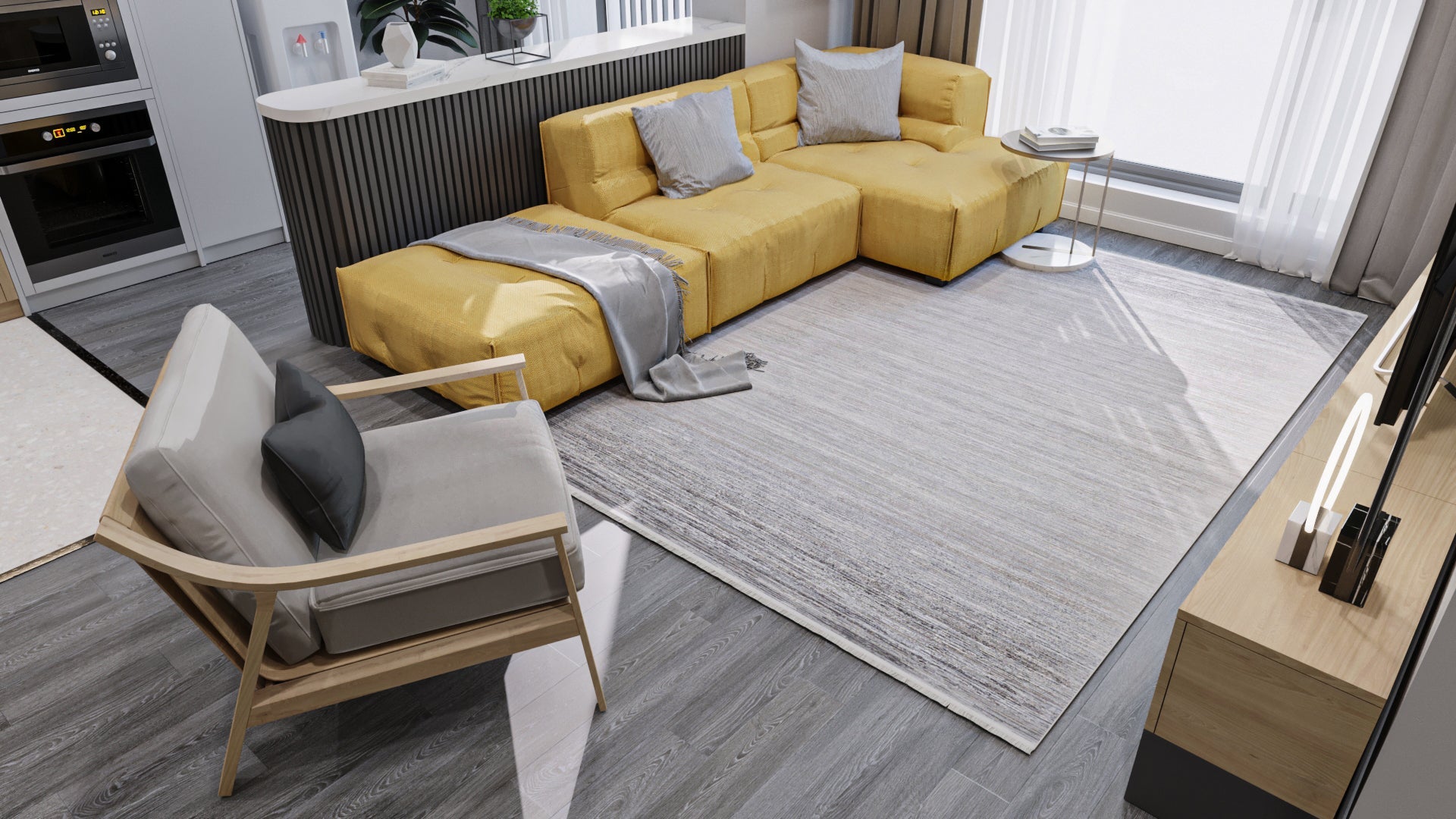 Modern living room with a yellow sectional sofa, gray and yellow cushions, a light armchair, and the Muted Palette Grey Ombre Rug - EW2636 on gray wood flooring, near a TV stand and large window with curtains.
