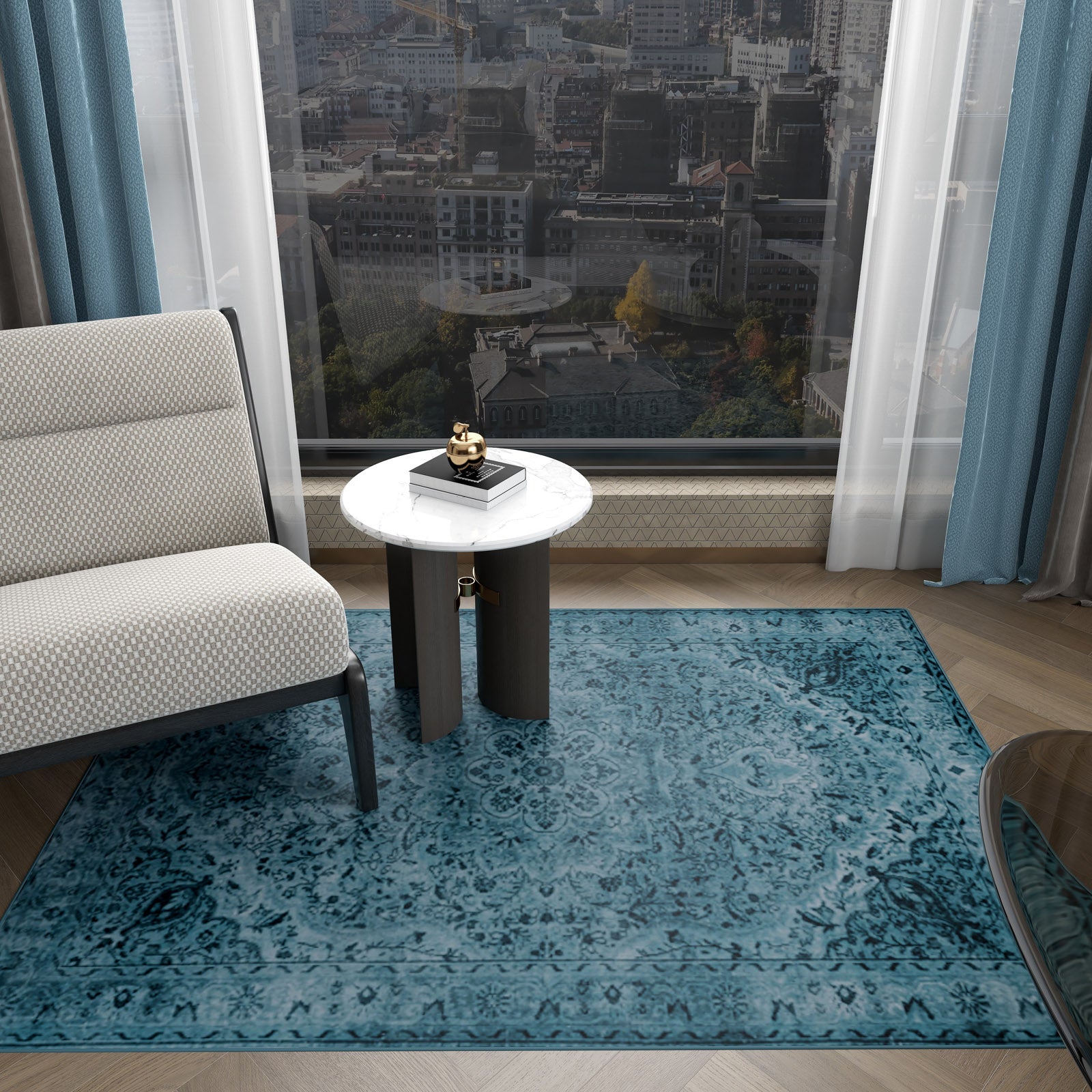 A modern living room featuring a white patterned chair, round white marble side table, and the Mystic Mosaic - Washable Rug - JRN1019. Large windows offer views of a cityscape with tall buildings and lush greenery outside.
