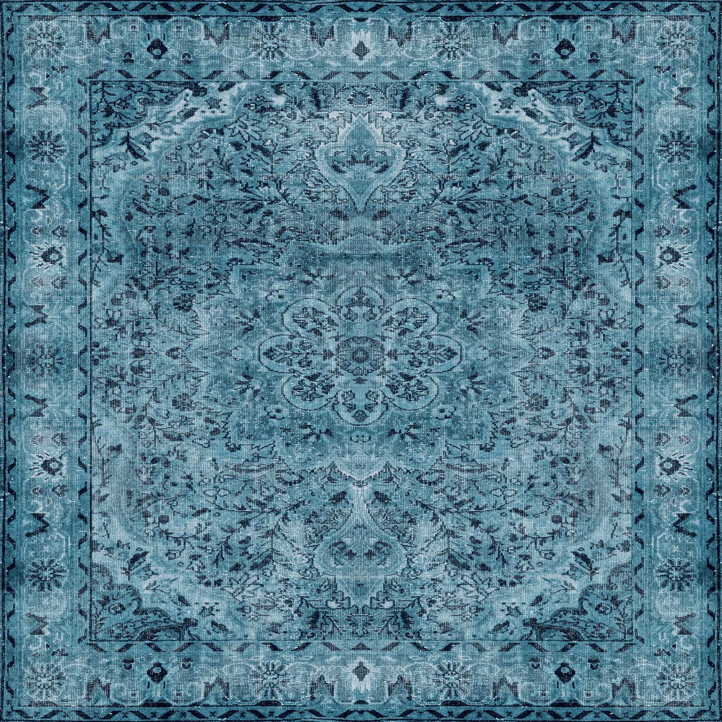 The Mystic Mosaic - Washable Rug (JRN1019) showcases ornate turquoise and teal tones with a symmetrical floral and vine pattern, detailed border, and adds elegant charm to traditional interiors.