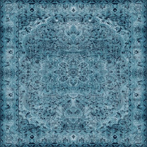 Load image 1 in gallery view. The Mystic Mosaic - Washable Rug (JRN1019) showcases ornate turquoise and teal tones with a symmetrical floral and vine pattern, detailed border, and adds elegant charm to traditional interiors.