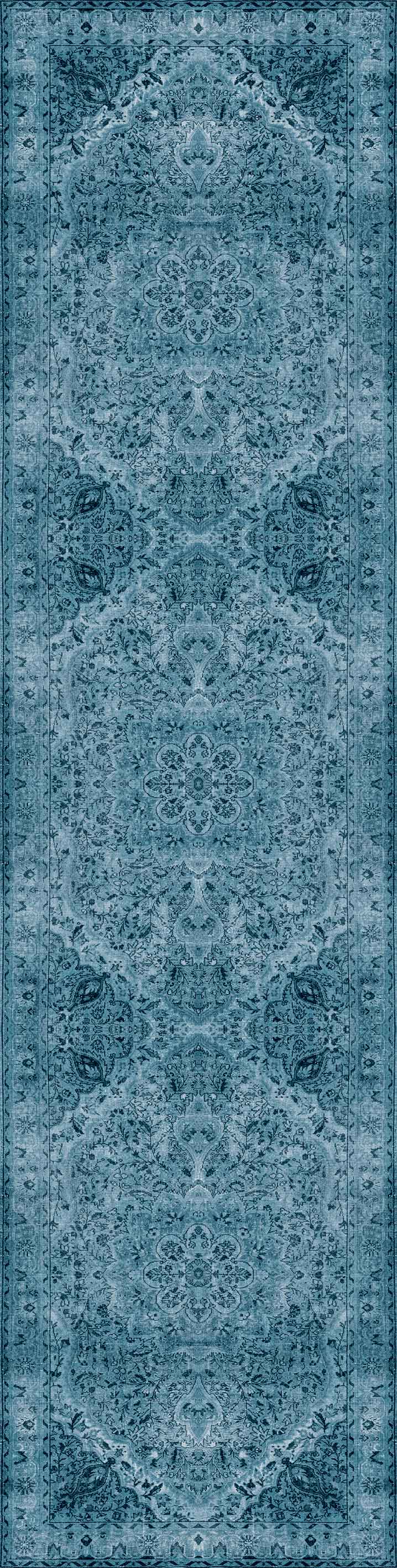 The Mystic Mosaic - Washable Rug (JRN1019) is a long, rectangular blue vintage rug with intricate floral and geometric patterns, ornate borders, and a faded look—perfect for adding classic style to traditional interiors.
