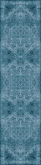 The Mystic Mosaic - Washable Rug (JRN1019) is a long, rectangular blue vintage rug with intricate floral and geometric patterns, ornate borders, and a faded look—perfect for adding classic style to traditional interiors.