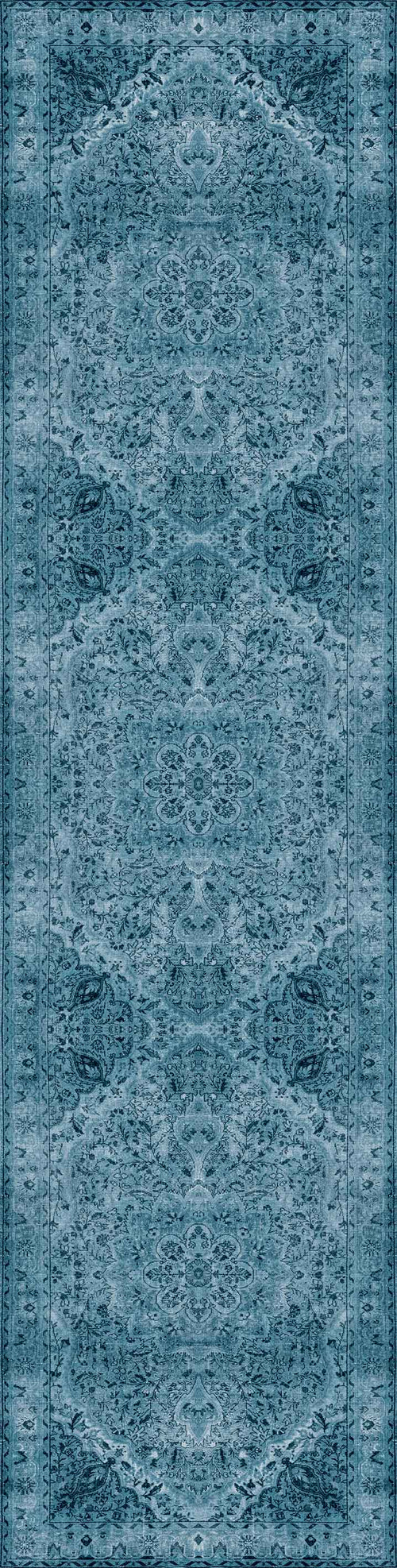 Load image 1 in gallery view. The Mystic Mosaic - Washable Rug (JRN1019) is a long, rectangular blue vintage rug with intricate floral and geometric patterns, ornate borders, and a faded look—perfect for adding classic style to traditional interiors.