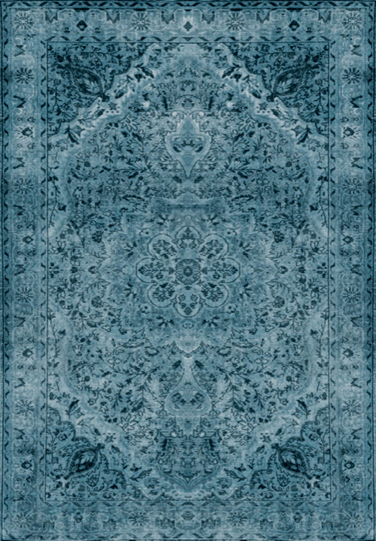 The Mystic Mosaic - Washable Rug - JRN1019 (Custom Size) features a blue vintage look with intricate symmetrical floral and ornamental patterns, a large central medallion, and detailed borders.