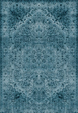 The Mystic Mosaic - Washable Rug - JRN1019 (Custom Size) features a blue vintage look with intricate symmetrical floral and ornamental patterns, a large central medallion, and detailed borders.