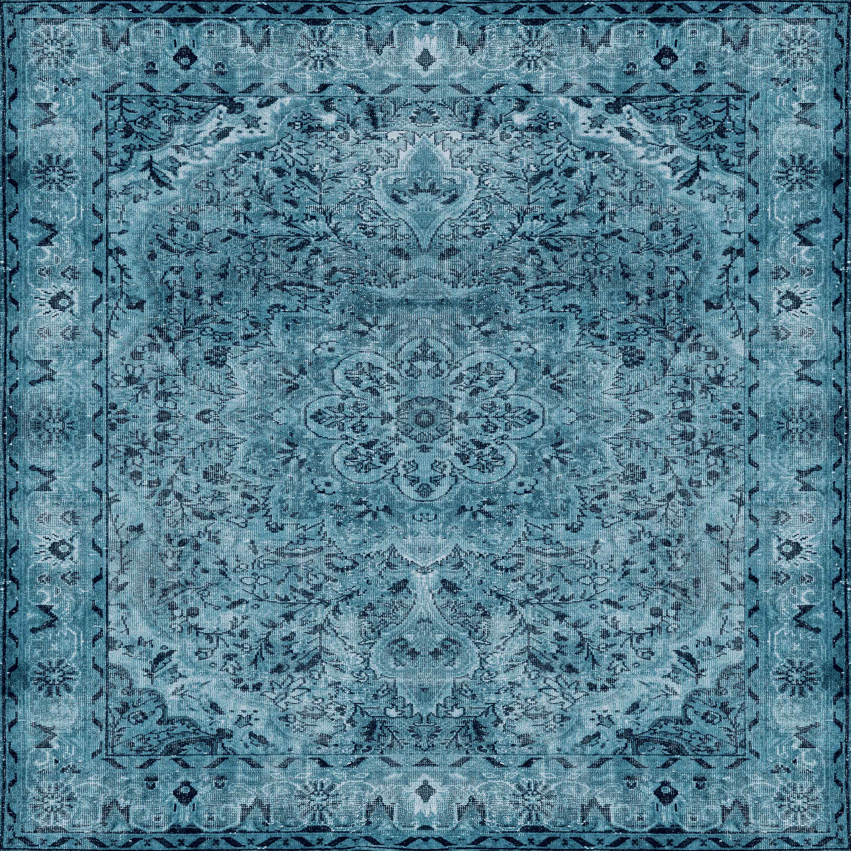 The Mystic Mosaic - Washable Rug - JRN1019 (Custom Size) is a rectangular blue rug with a central medallion, ornate floral motifs, and a decorative symmetrical border.