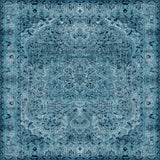 The Mystic Mosaic - Washable Rug - JRN1019 (Custom Size) is a rectangular blue rug with a central medallion, ornate floral motifs, and a decorative symmetrical border.