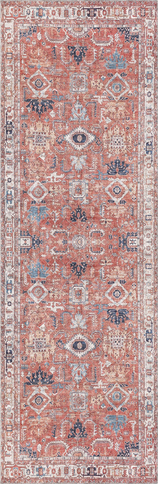 The Mystral Kilim-Design Coral Washable Rug (LCC3015) features a distressed vintage look in rust, blue, beige, and ivory with geometric patterns and medallions—ideal for high-traffic areas.