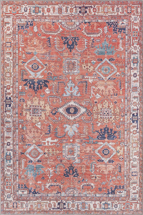 Load image 1 in gallery view. The Mystral Kilim-Design Coral Washable Rug - LCC3015 (Custom Size) features a rectangular shape with intricate geometric and floral patterns in rust, cream, blue, and black—perfect for high-traffic areas.