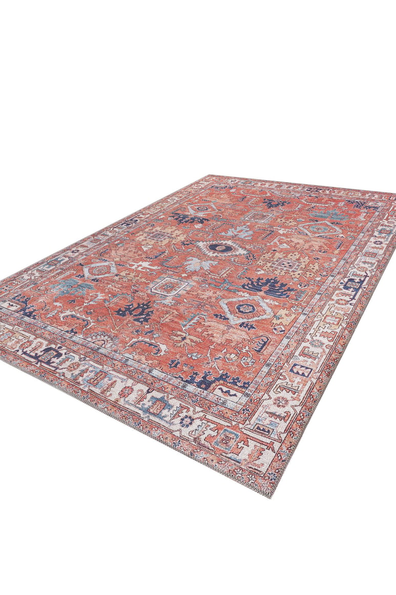 The Mystral Kilim-Design Coral Washable Rug - LCC3015 (Custom Size) features intricate geometric floral patterns in earthy orange, blue, and cream. Its detailed border and large, washable design make it ideal for stylish, high-traffic areas.