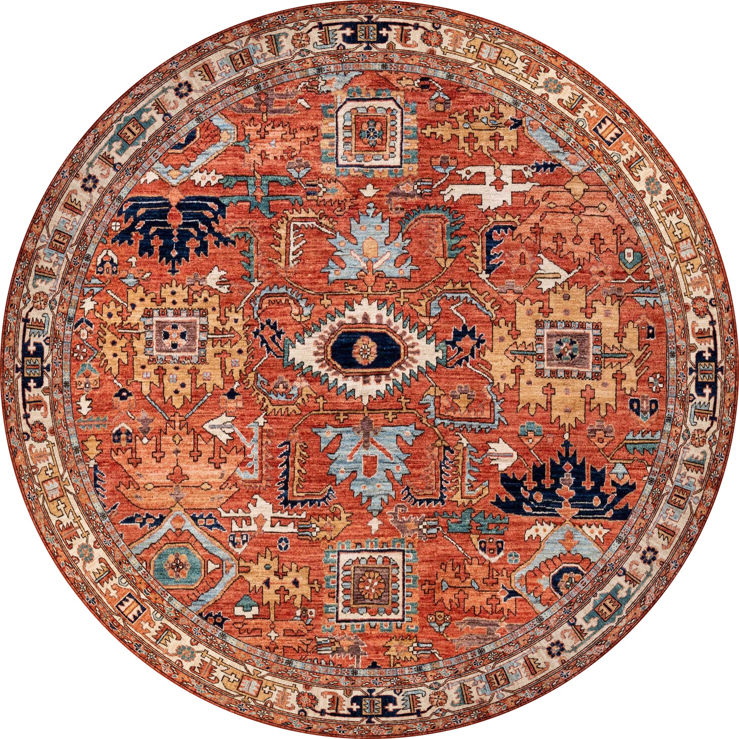 The Mystral Kilim-Design Coral Washable Rug - LCC3015 (Custom Size) features a round shape, an orange-red background with intricate geometric patterns in blue, cream, gold, and black—ideal for high-traffic areas.