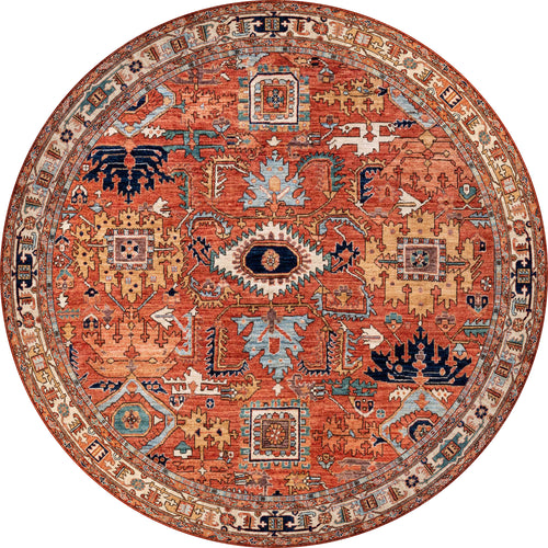 Load image 1 in gallery view. The Mystral Kilim-Design Coral Washable Rug - LCC3015 (Custom Size) features a round shape, an orange-red background with intricate geometric patterns in blue, cream, gold, and black—ideal for high-traffic areas.