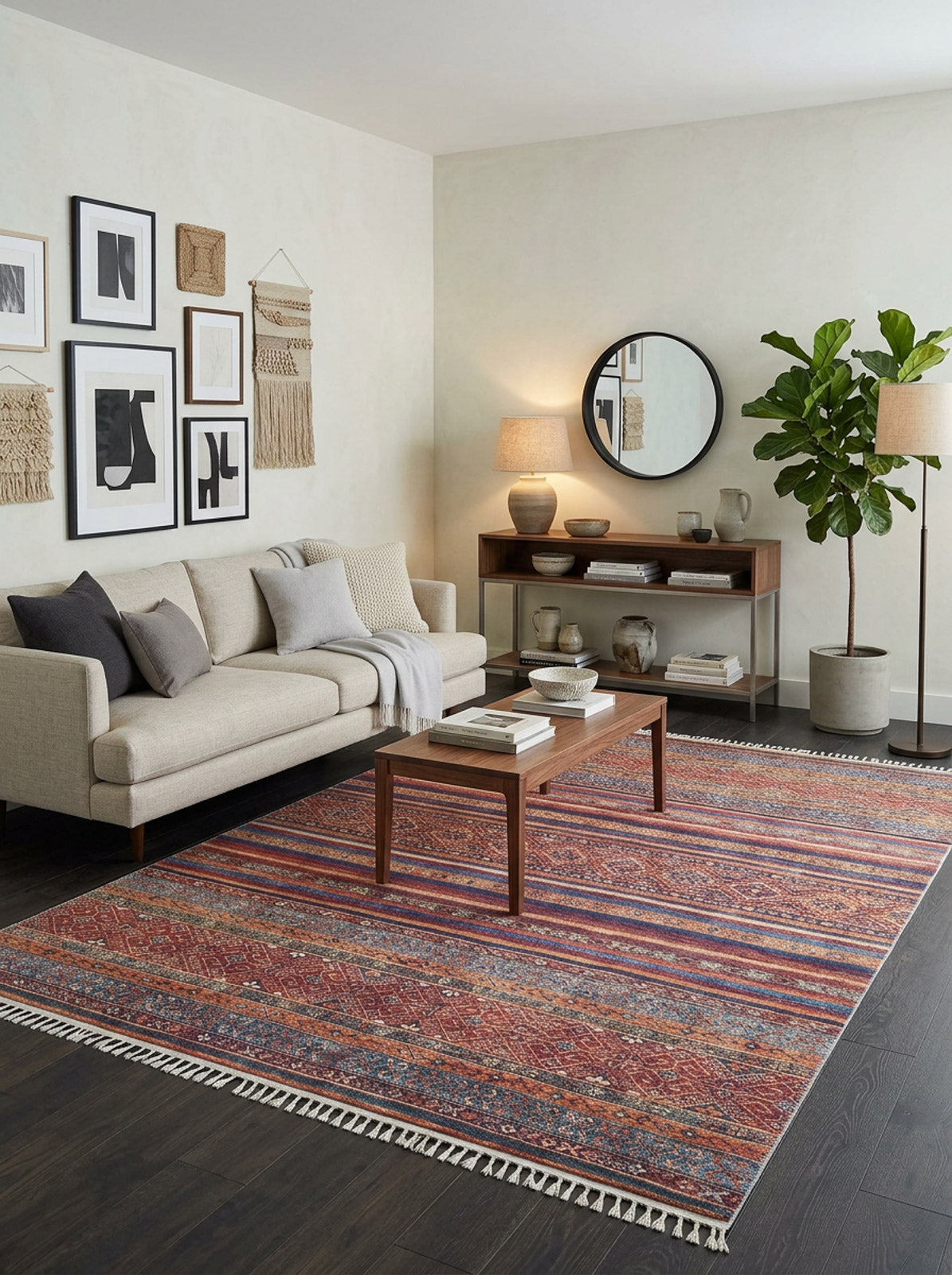 A modern living room featuring a beige sofa, patterned cushions, wooden coffee table, and the Native Nightscape - Washable Rug (JR5093). Artwork and macramé hang above the sofa; a console table, lamp, and potted plant are along the far wall.