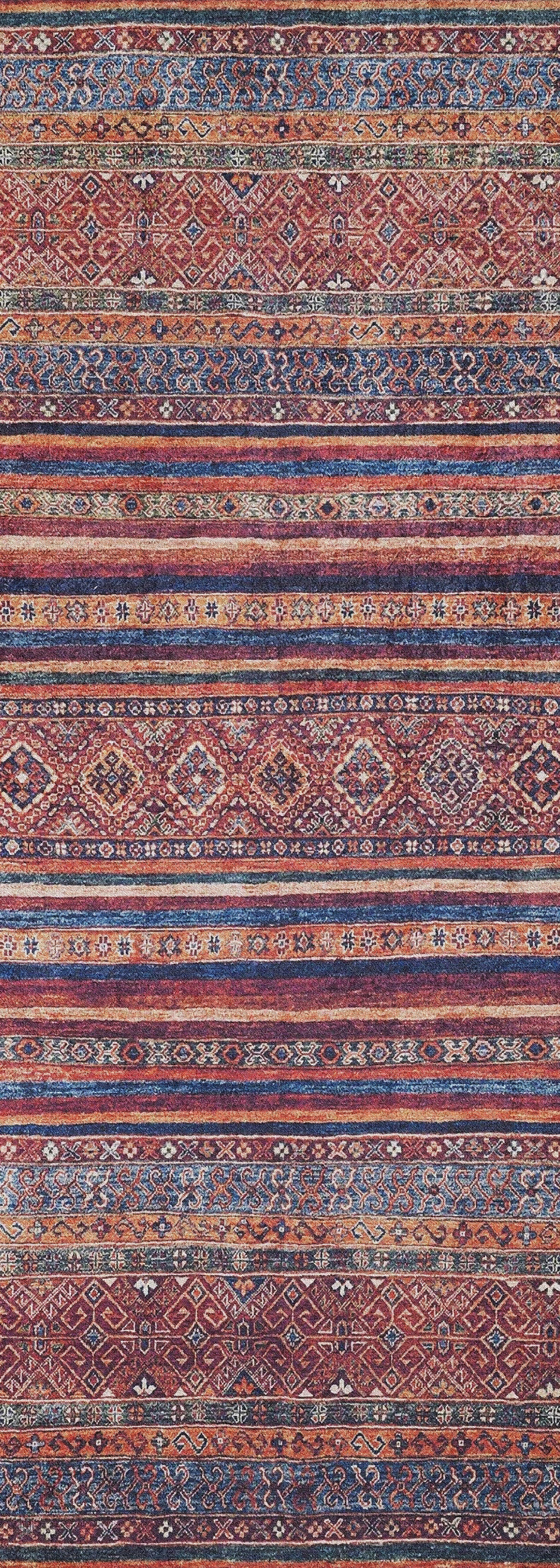 The Native Nightscape - Washable Rug - JR5093 features horizontal stripes with intricate geometric and floral patterns in red, blue, orange, and white. This symmetrical multicolor rug is richly detailed and perfect for high-traffic areas.