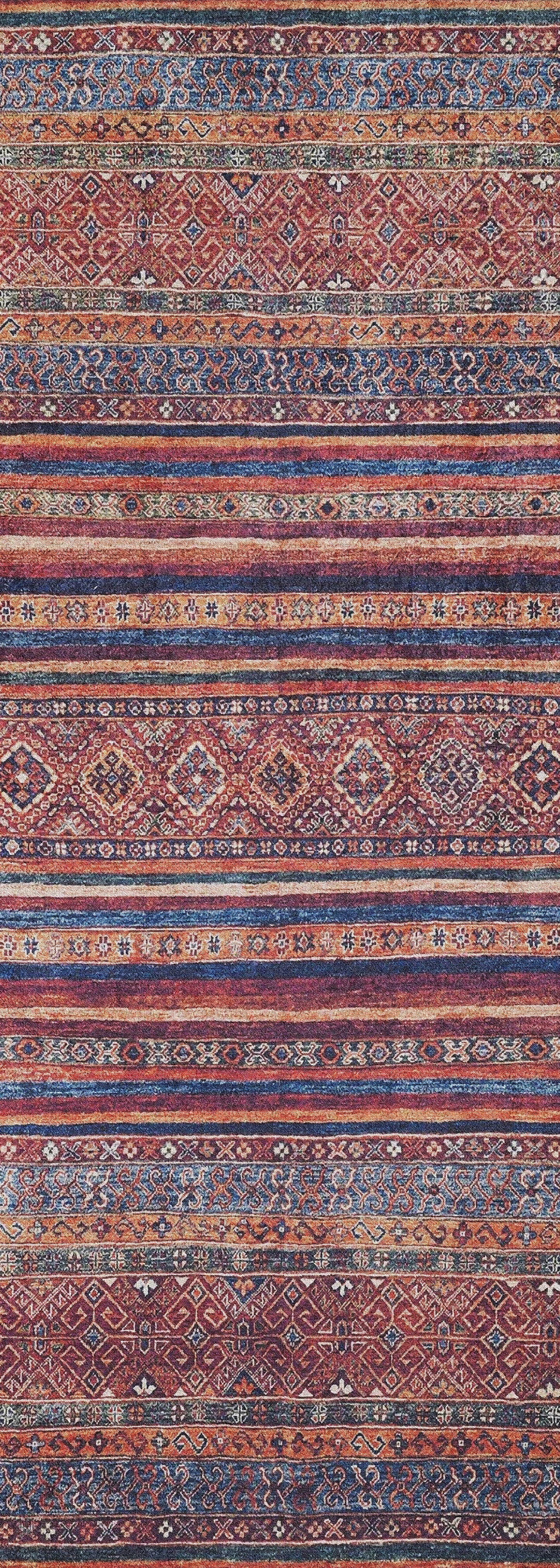 The Native Nightscape - Washable Rug - JR5093 features horizontal stripes with intricate geometric and floral patterns in red, blue, orange, and white. This symmetrical multicolor rug is richly detailed and perfect for high-traffic areas.