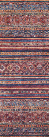 The Native Nightscape - Washable Rug - JR5093 features horizontal stripes with intricate geometric and floral patterns in red, blue, orange, and white. This symmetrical multicolor rug is richly detailed and perfect for high-traffic areas.