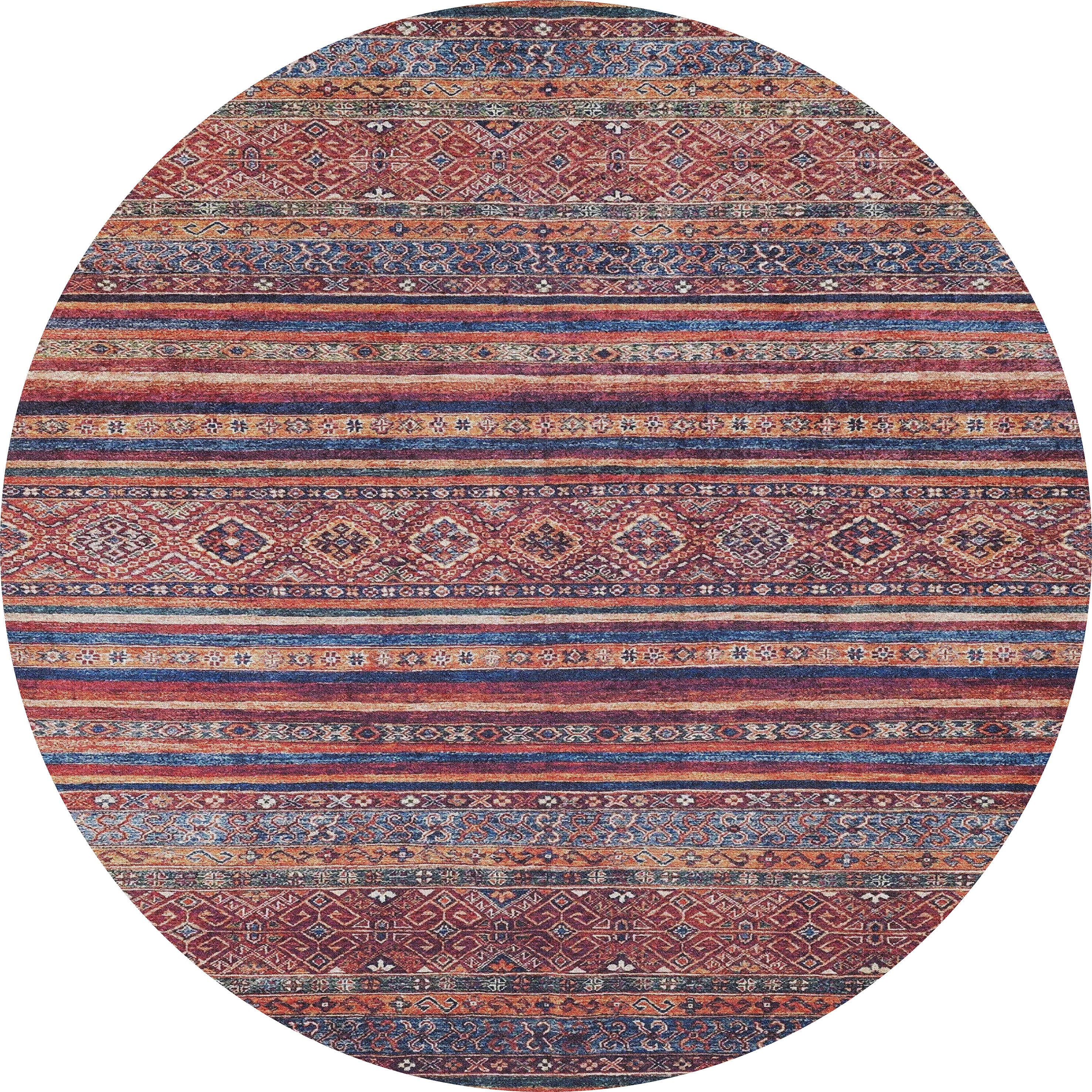 The Native Nightscape - Washable Rug (JR5093) is an oval, multicolor rug with red, blue, orange, and beige geometric and diamond stripes—durable for high-traffic spaces and easy to clean.