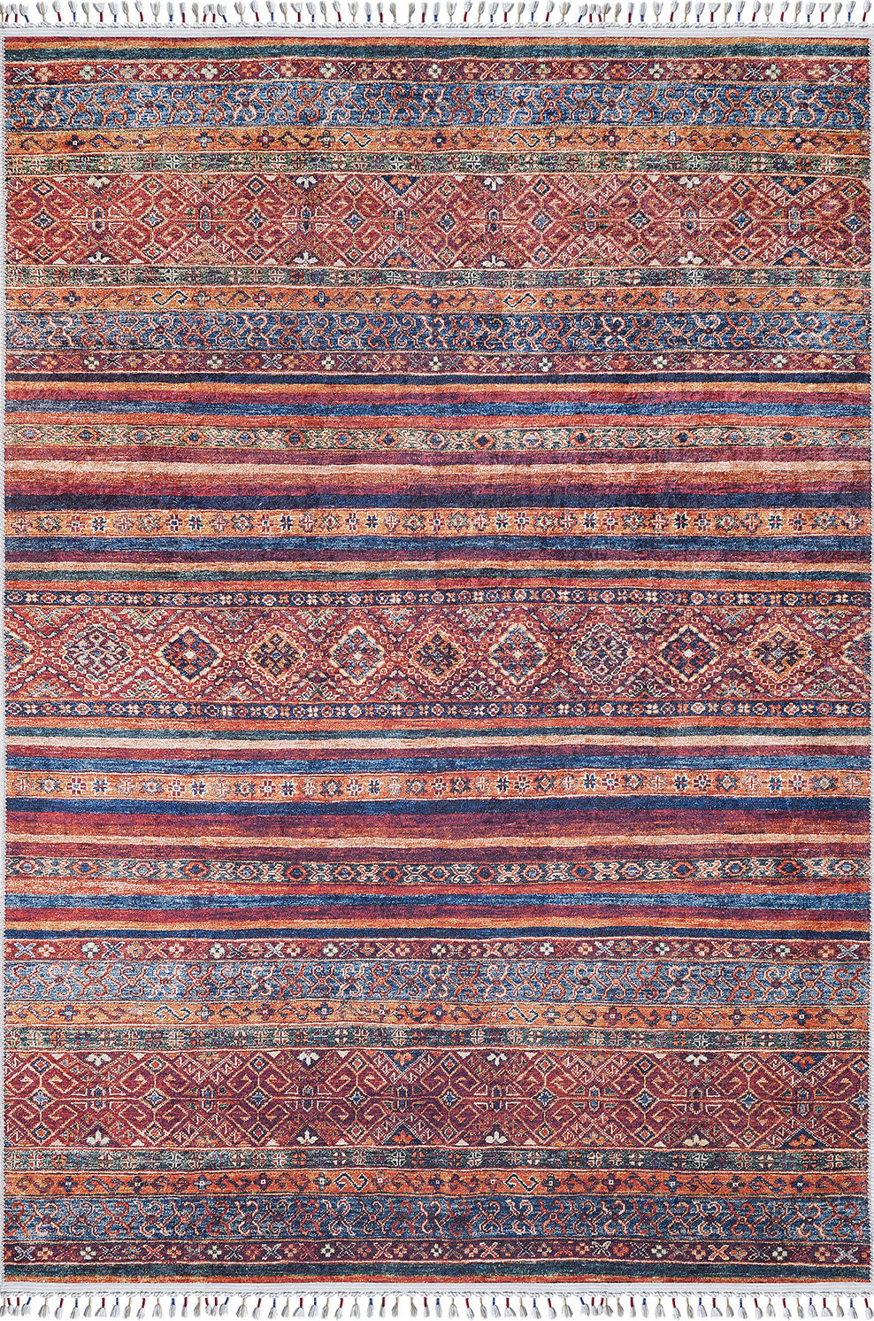 The Native Nightscape - Washable Rug - JR5093 (Custom Size) features multicolor geometric and floral bands with white fringes, making it a stylish, durable choice to brighten high-traffic areas.