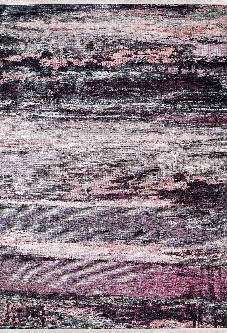 The Natural Brushed - Washable Rug - JR336 (Custom Size) features horizontal streaks in pink, purple, gray, and black for a textured look—perfect for high-traffic areas that need both style and easy care.