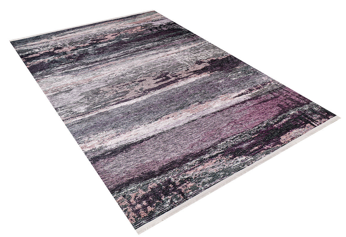 The Natural Brushed - Washable Rug - JR336 (Custom Size) features a modern abstract design with textured horizontal streaks in purple, gray, black, and white—perfect for high-traffic areas and easy to clean.