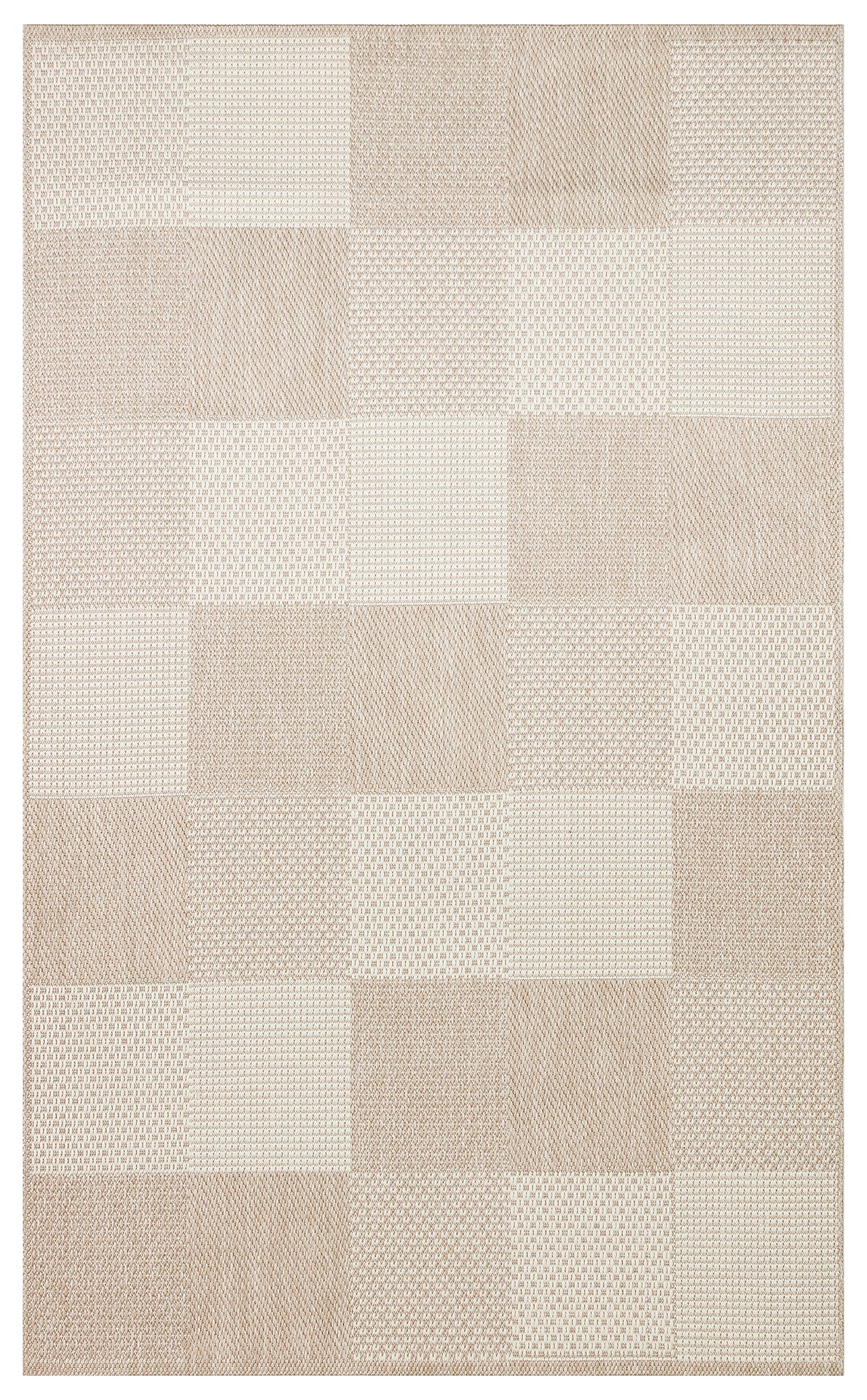 The Natural Stitch - Kilim - MNO01 is a rectangular, flatwoven polyester rug with a neutral beige and cream patchwork design. Each square features subtle textured patterns like stripes, dots, and herringbone for a minimalist look.