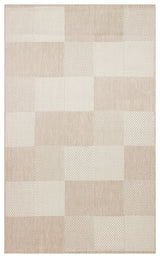 The Natural Stitch - Kilim - MNO01 is a rectangular, flatwoven polyester rug with a neutral beige and cream patchwork design. Each square features subtle textured patterns like stripes, dots, and herringbone for a minimalist look.
