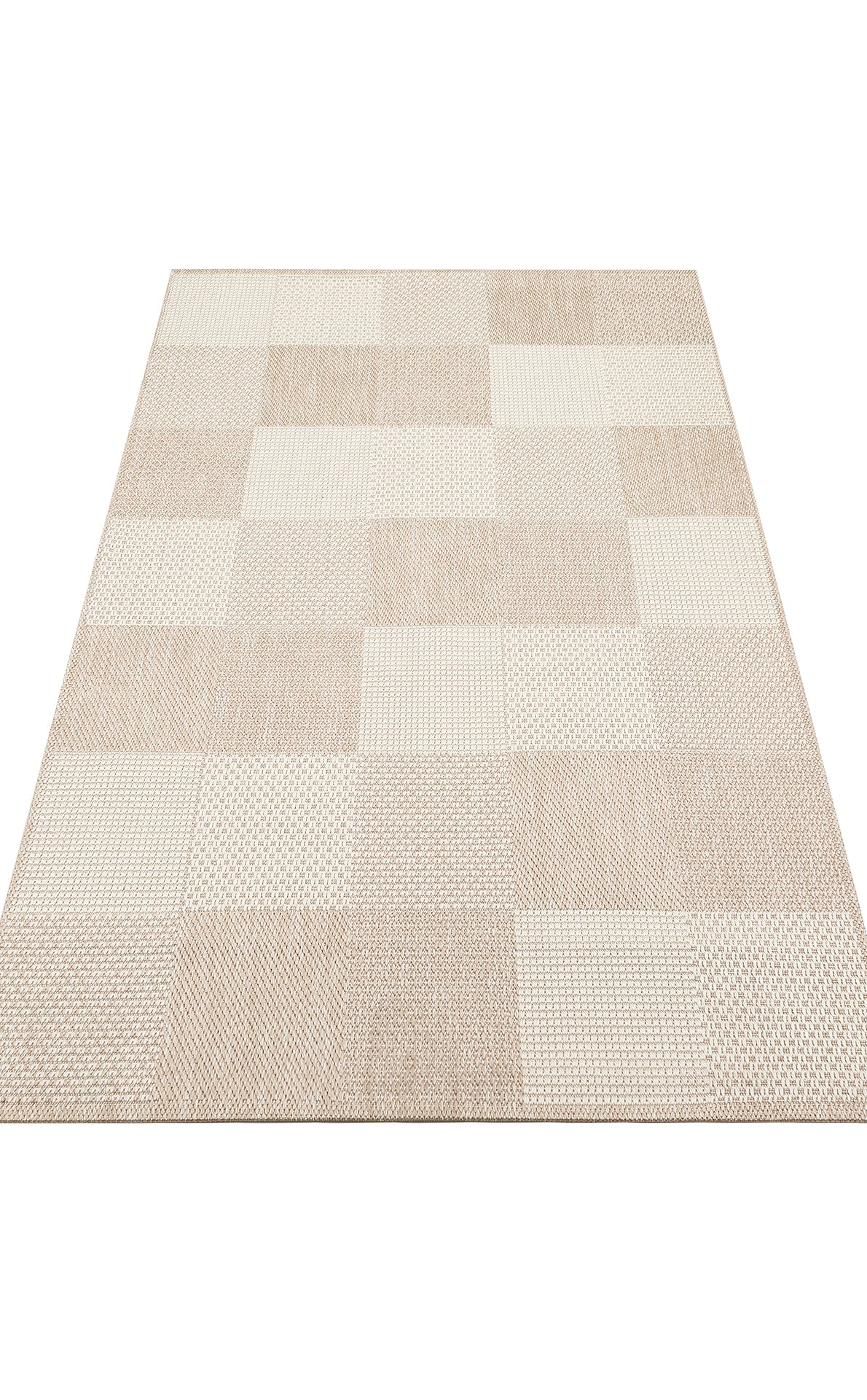 The Natural Stitch - Kilim - MNO01 is a rectangular flatwoven polyester rug with a checkerboard pattern of beige and off-white textured squares, shown on a white background.