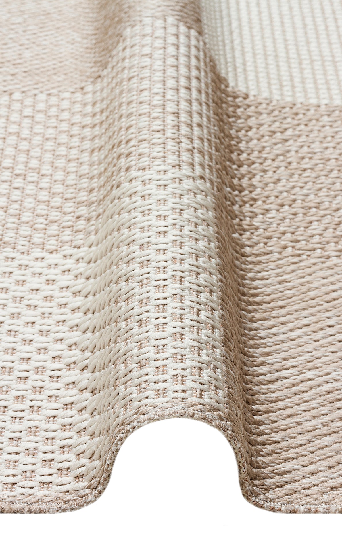 A close-up of the Natural Stitch - Kilim - MNO01 showcases its beige and cream hues, minimal design, textured surface with gentle folds, and distinct weaving patterns for a raised effect.