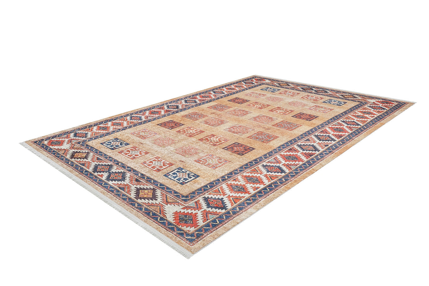 The Navajo Nights Washable Rug - JR1758 (Custom Size) features a beige center with red, blue, and beige geometric patterns and a multicolored border of diamond and star motifs—perfect for high-traffic areas.