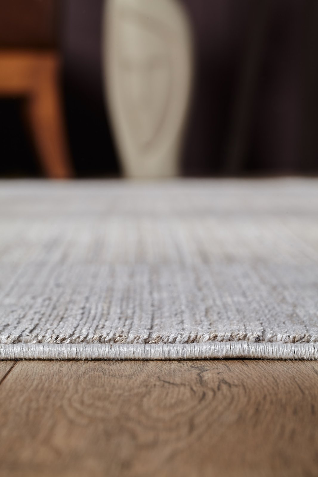 A close-up side view of the Neutral Frame Modern Bordered Rug - EW5541 on a wooden floor, with blurred background furniture and decor.