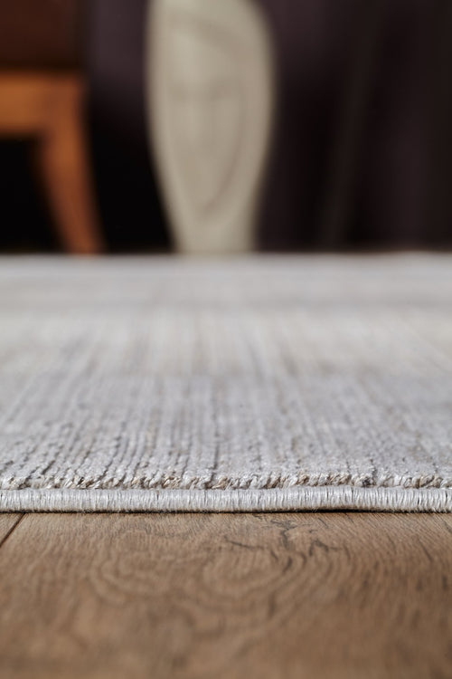 Load image 1 in gallery view. A close-up side view of the Neutral Frame Modern Bordered Rug - EW5541 on a wooden floor, with blurred background furniture and decor.