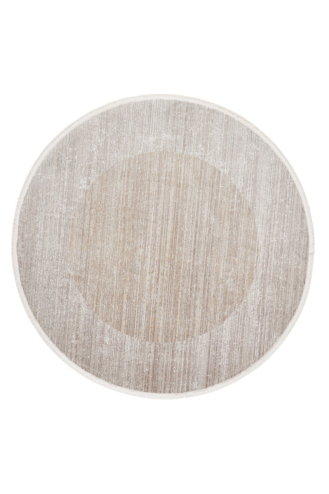 The Neutral Frame Modern Bordered Rug - EW5541 is a round, machine-made beige rug displaying a subtle gradient texture and lighter border around a darker center, shown on a white background.