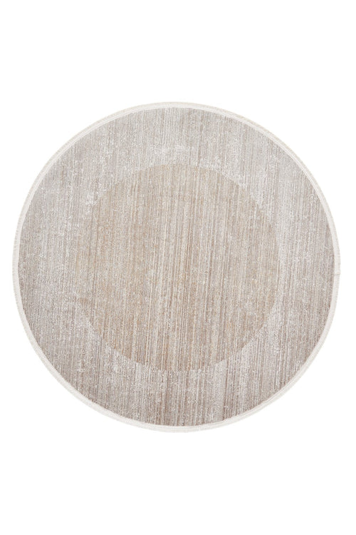 Load image 1 in gallery view. The Neutral Frame Modern Bordered Rug - EW5541 is a round, machine-made beige rug displaying a subtle gradient texture and lighter border around a darker center, shown on a white background.