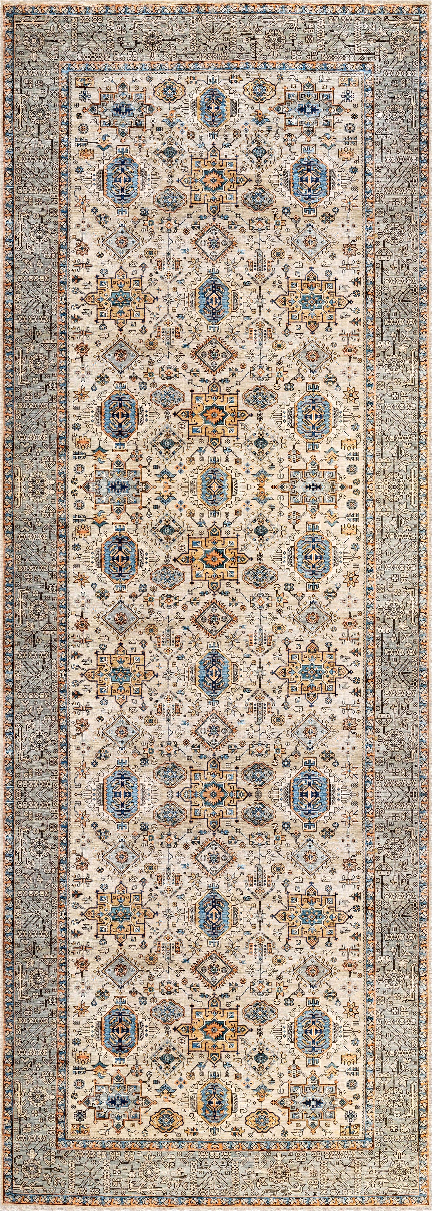 The Nexa Bordered Beige Washable Rug (LCC3009) is a rectangular flat weave featuring an intricate geometric diamond pattern in cream, beige, blue, gold, and gray tones, complete with a detailed border around the central design.