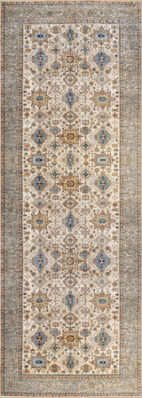 The Nexa Bordered Beige Washable Rug (LCC3009) is a rectangular flat weave featuring an intricate geometric diamond pattern in cream, beige, blue, gold, and gray tones, complete with a detailed border around the central design.