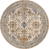 The Nexa Bordered Beige Washable Rug - LCC3009 is a round, flat weave rug with intricate geometric and floral patterns in cream, blue, gold, and brown. Its detailed border and symmetrical designs offer timeless style and easy care.