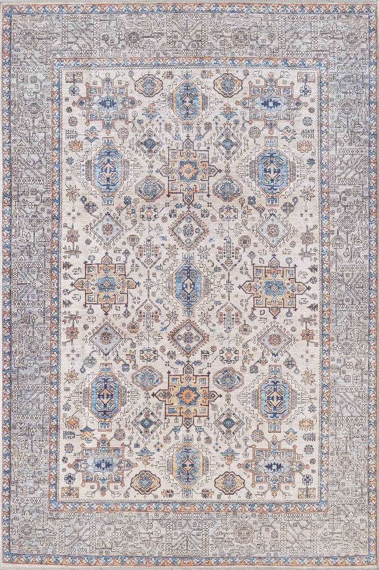 The Nexa Bordered Beige Washable Rug - LCC3009 (Custom Size) features an intricate geometric and floral pattern in blue, gold, cream, and beige with a detailed border—perfect for high-traffic areas thanks to its symmetrical ornamental design.