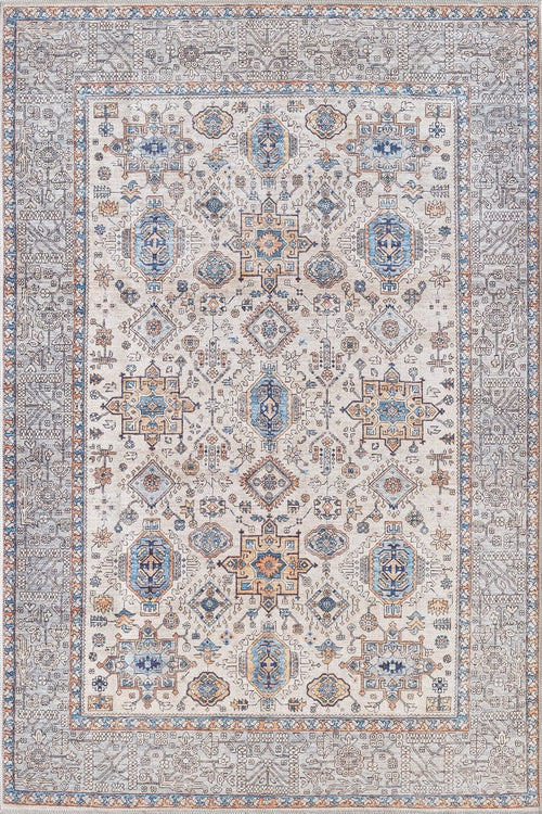 Bild 1 in Galerieansicht laden. The Nexa Bordered Beige Washable Rug - LCC3009 (Custom Size) features an intricate geometric and floral pattern in blue, gold, cream, and beige with a detailed border—perfect for high-traffic areas thanks to its symmetrical ornamental design.