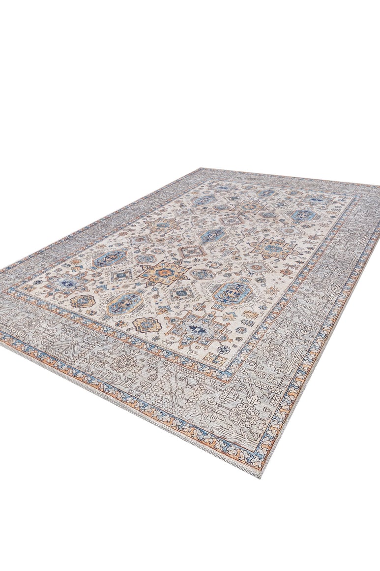The Nexa Bordered Beige Washable Rug (LCC3009, Custom Size) features a traditional blue, beige, and brown geometric pattern on a light background with a detailed border—perfect for high-traffic areas.