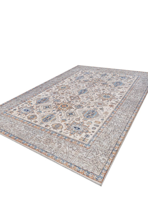 Bild 1 in Galerieansicht laden. The Nexa Bordered Beige Washable Rug (LCC3009, Custom Size) features a traditional blue, beige, and brown geometric pattern on a light background with a detailed border—perfect for high-traffic areas.