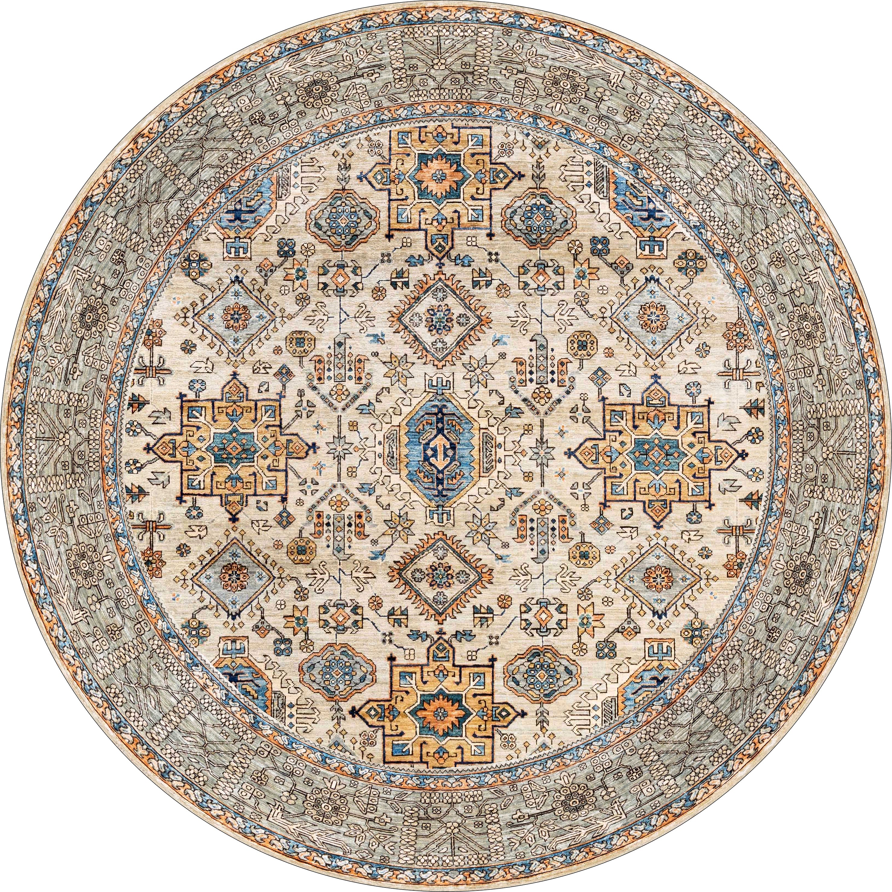 The Nexa Bordered Beige Washable Rug - LCC3009 (Custom Size) is a round, washable rug with geometric and ornate details in tan, cream, blue, gold, and gray—perfect for high-traffic areas with its decorative circular banded border.
