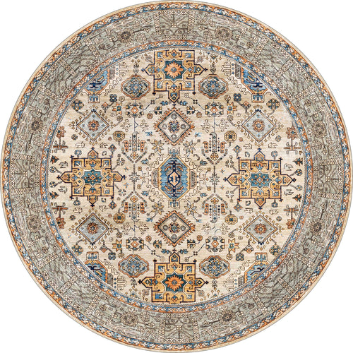Bild 1 in Galerieansicht laden. The Nexa Bordered Beige Washable Rug - LCC3009 (Custom Size) is a round, washable rug with geometric and ornate details in tan, cream, blue, gold, and gray—perfect for high-traffic areas with its decorative circular banded border.