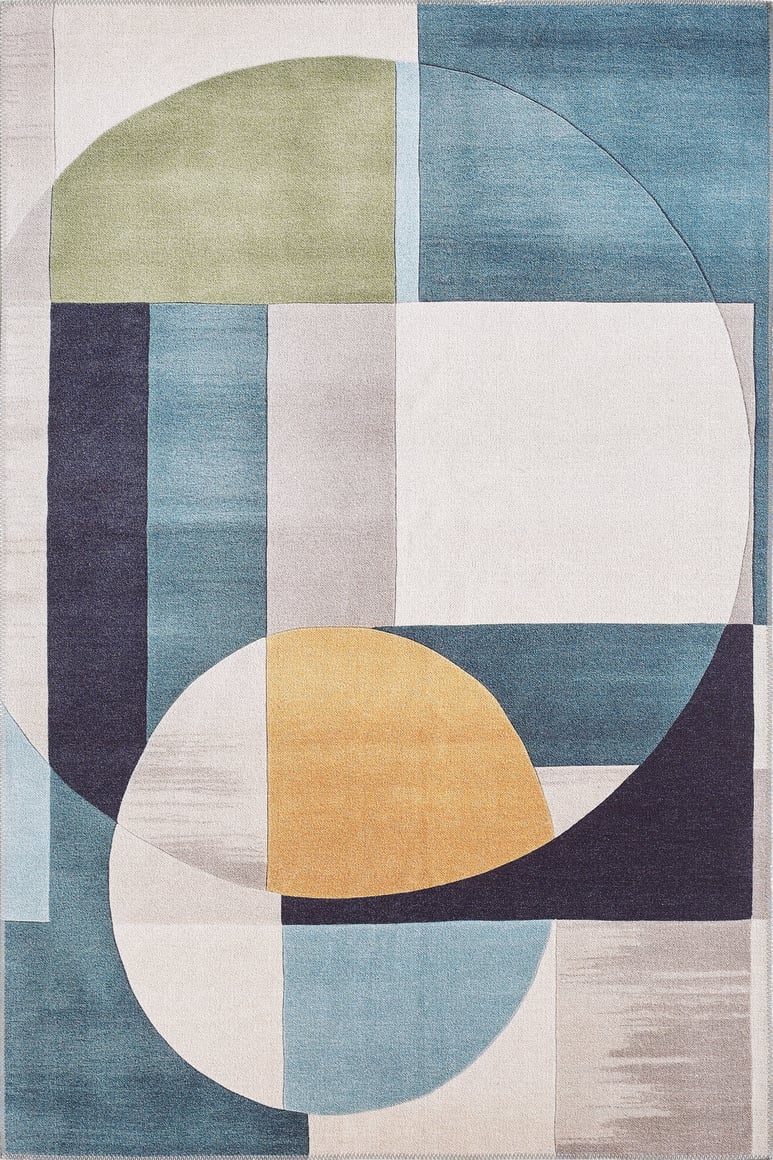 The Nexus Geometric Contemporary Washable Rug - MDJ006 features an abstract modern design with overlapping rectangles, squares, and outlined circles in blue, white, green, yellow, and gray—perfect for high-traffic and allergy-sensitive spaces.