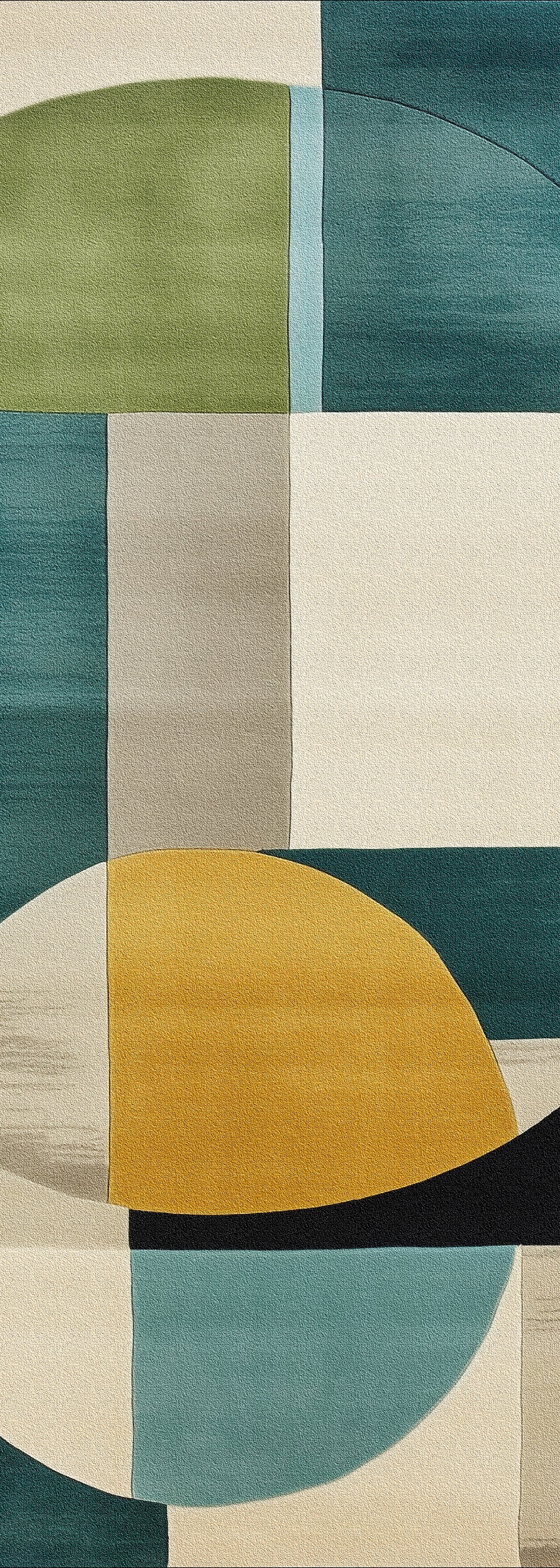 The Nexus Geometric Contemporary Washable Rug - MDJ006 features modern overlapping rectangles and semi-circles in green, teal, yellow, gray, black, and beige—ideal for allergy-sensitive homes and high-traffic areas.