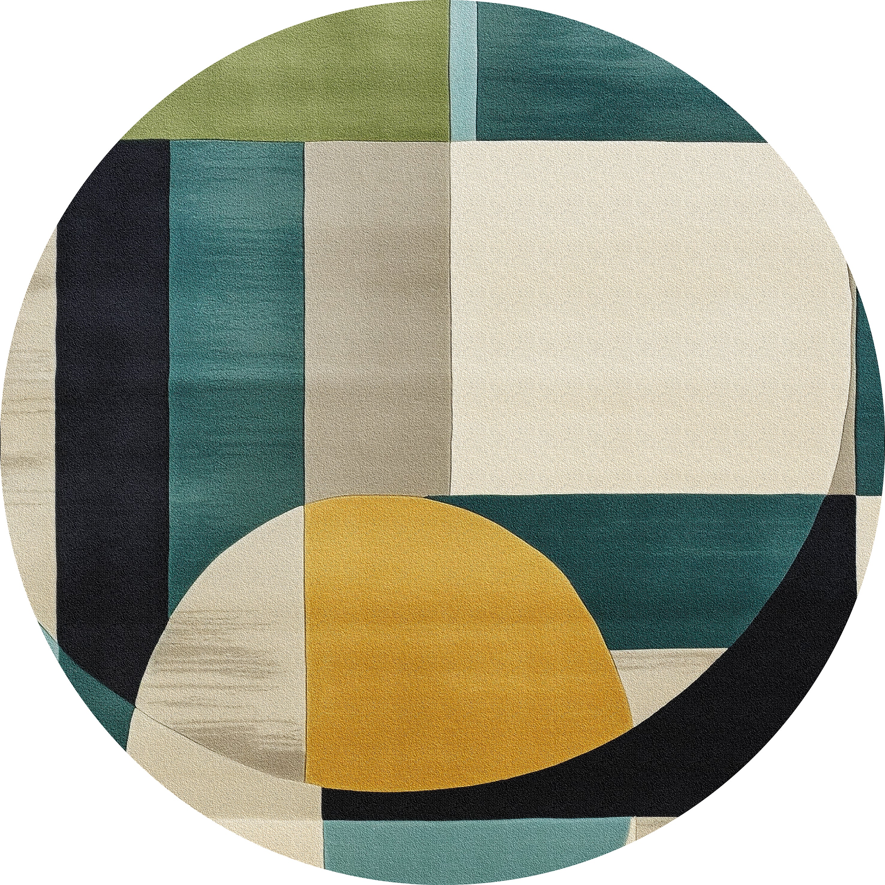 The Nexus Geometric Contemporary Washable Rug - MDJ006 is an oval, modern abstract rug in green, teal, cream, black, gray, and mustard yellow. Durable and washable, it's ideal for high-traffic areas and adds a bold geometric touch to any space.