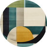 The Nexus Geometric Contemporary Washable Rug - MDJ006 (Custom Size) features bold rectangles, squares, and a yellow semicircle in green, teal, blue, beige, cream & mustard. Perfect for high-traffic and allergy-sensitive spaces.