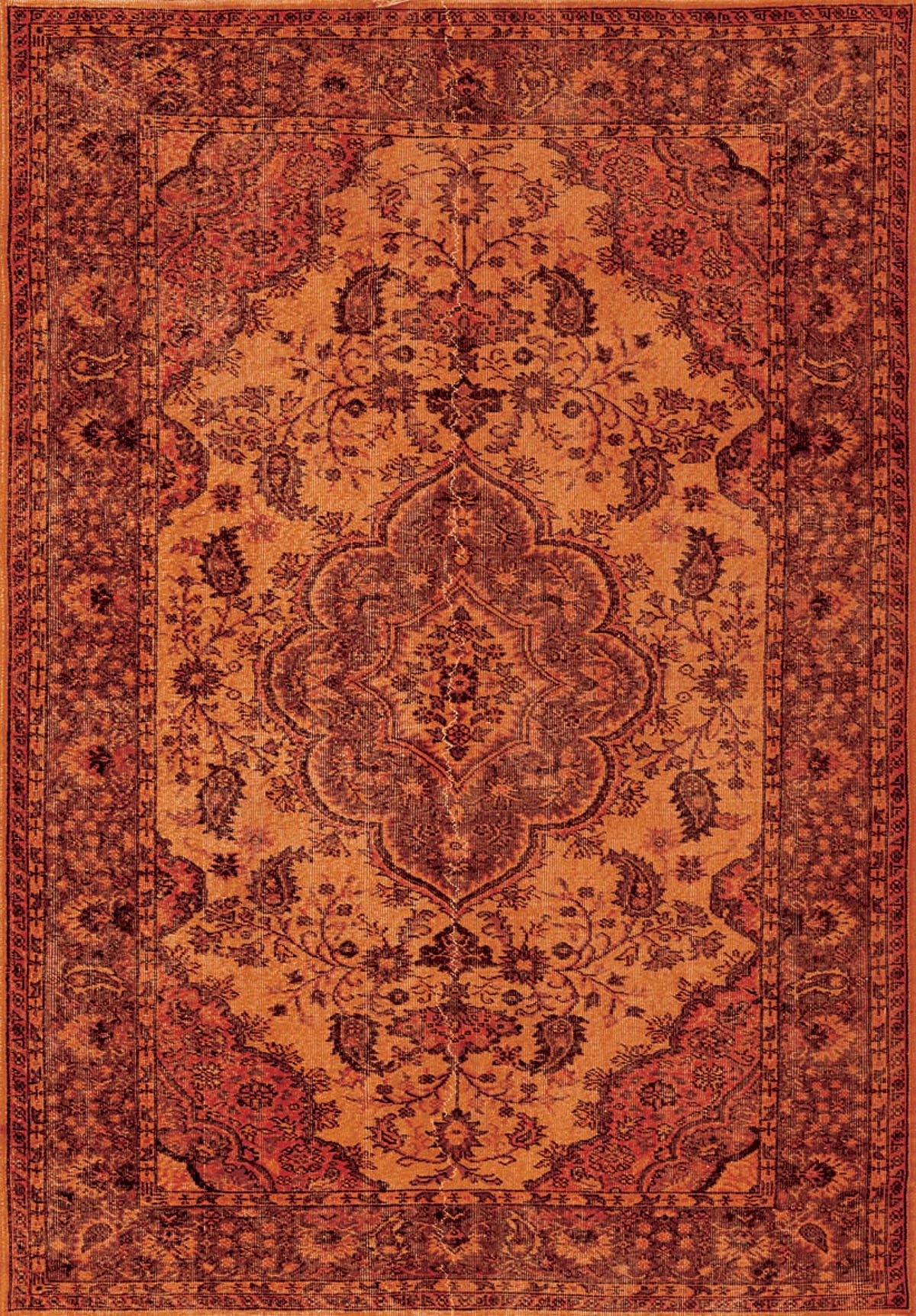 The Noble Odyssey - Washable Rug - JRN1012 is a rectangular orange rug with a detailed medallion center, ornate borders, and an intricate floral and vine pattern in deep red and brown.